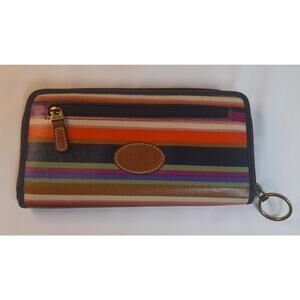Fossil Multi Color Striped Wallet Coated Canvas Clutch Organizer Zip Around